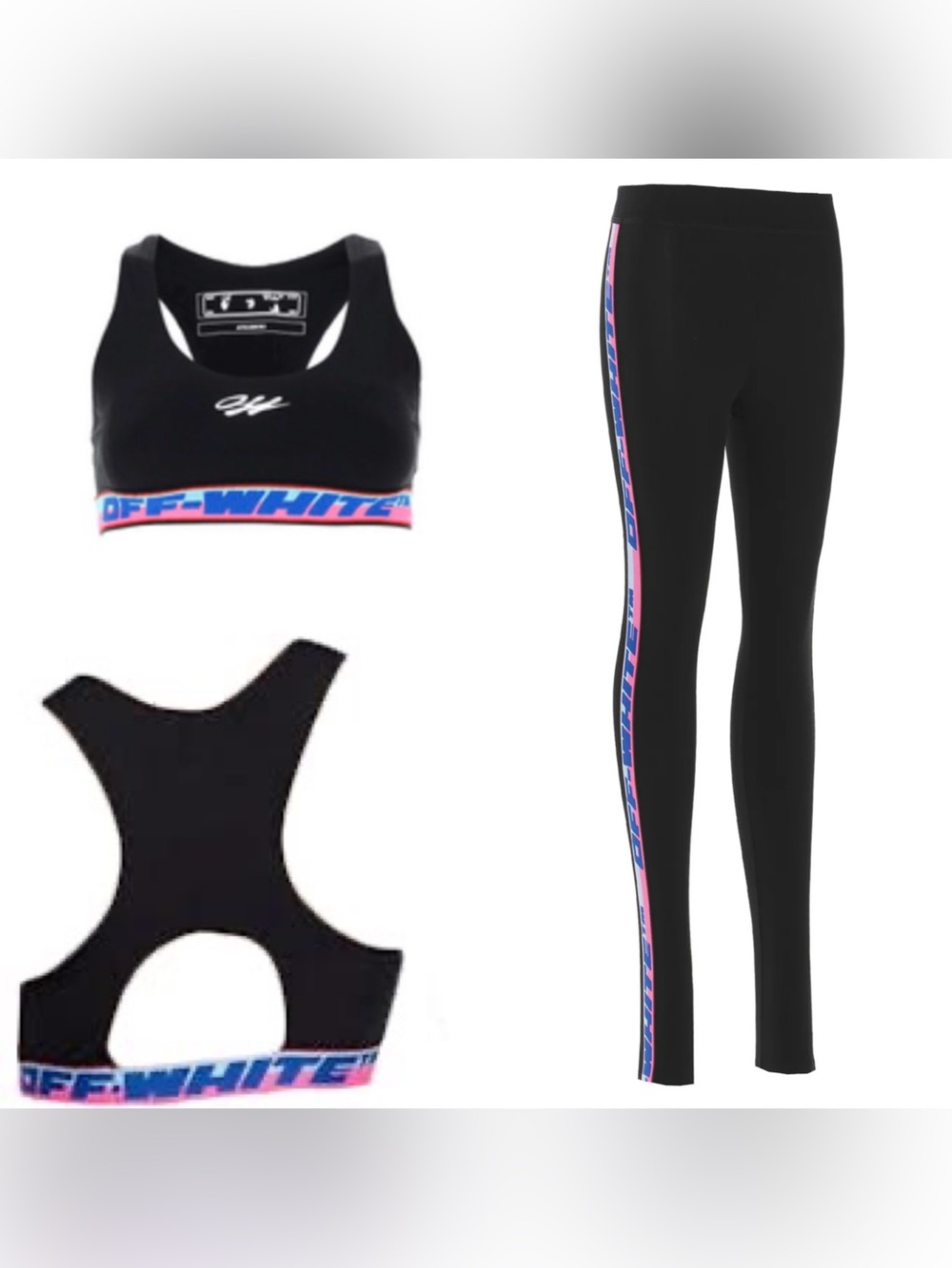 Off-White Black Sports Bra and Leggings Set with Pink and Blue Trim